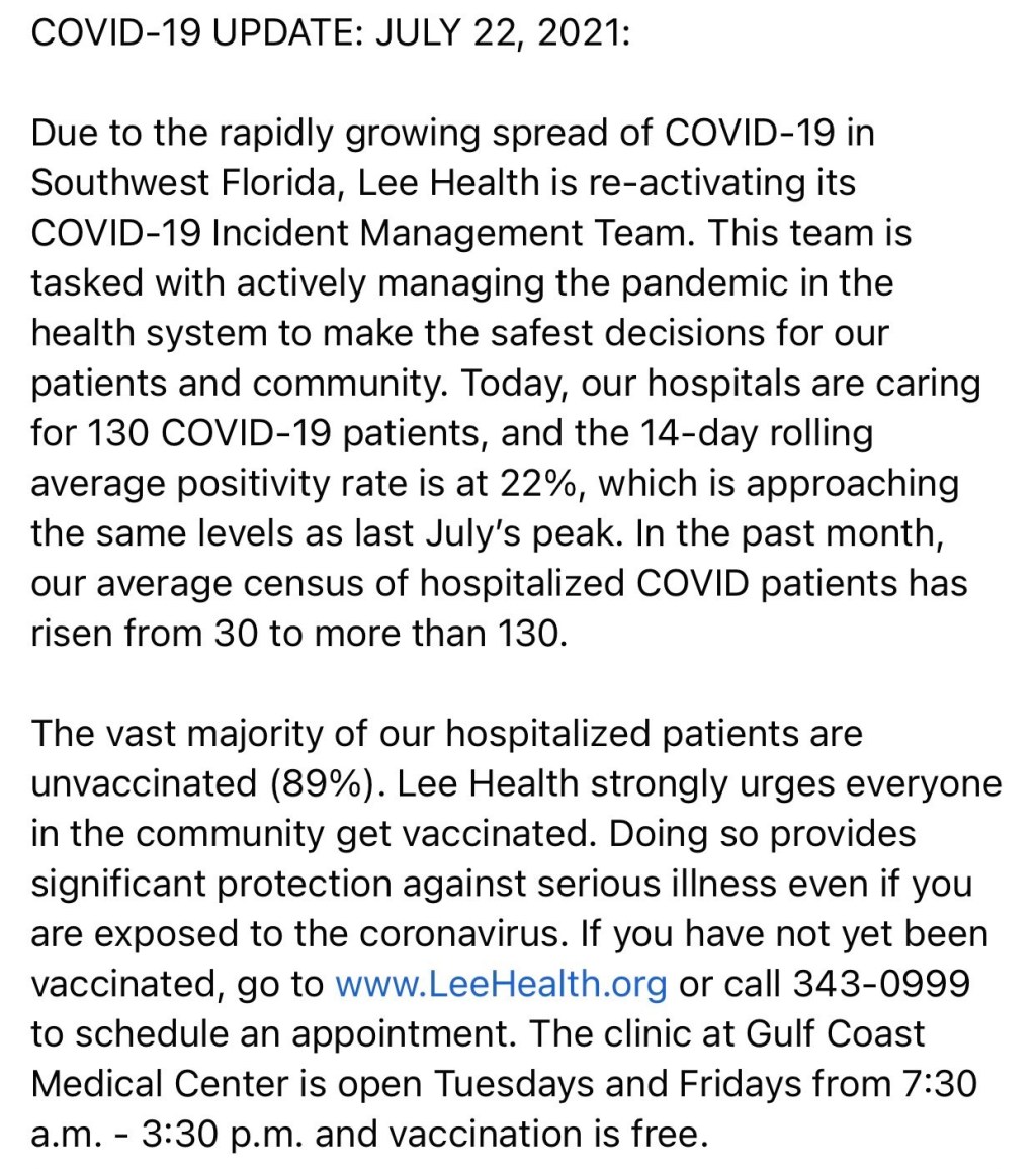 Important Florida, Lee County COVID-19 update, July 22, 2021 from Lee Health Systems. 22% Positivity&nbsp;Rate.