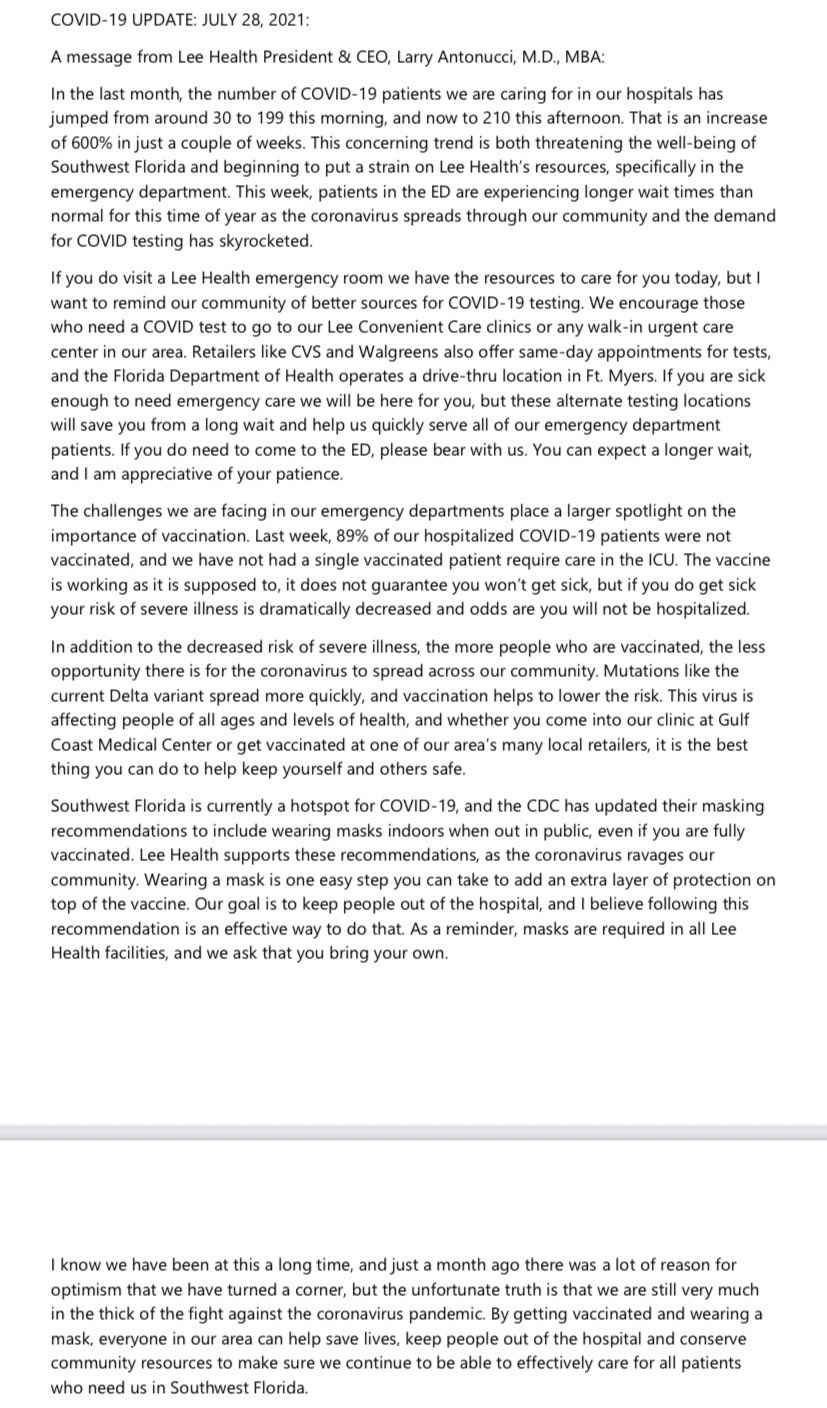 Additional Update from Lee Health: Florida, Lee County July 28 Covid-19. @ Twitter, Lee_Health. Please&nbsp;Read.