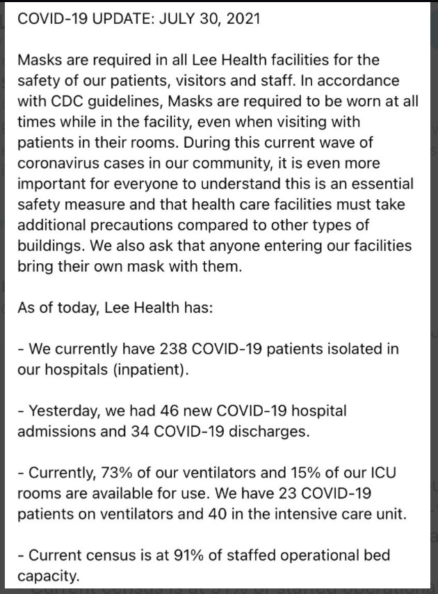 Florida, Lee County Covid-19 Update from Lee Health. July 30, 2021 vs July 30, 2020.